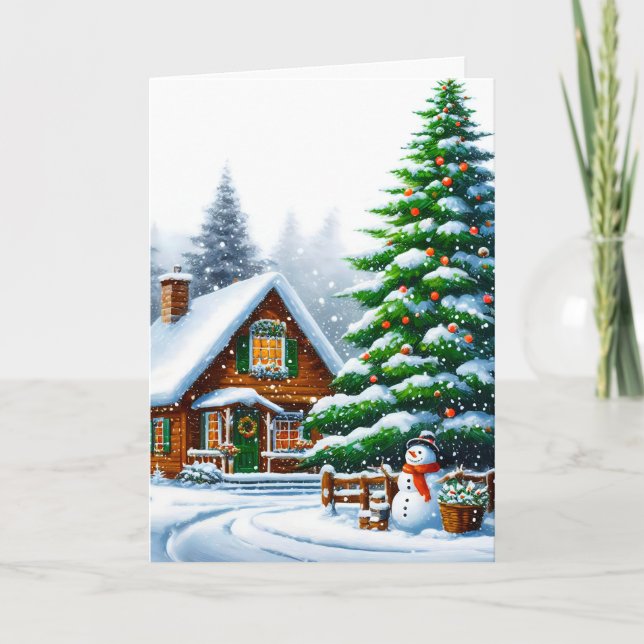 Rustic Snowy Log Cabin Christmas Greeting Card  (Front)
