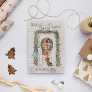 Rustic Snowy Merry Christmas Wreath Front Door Dog Holiday Card