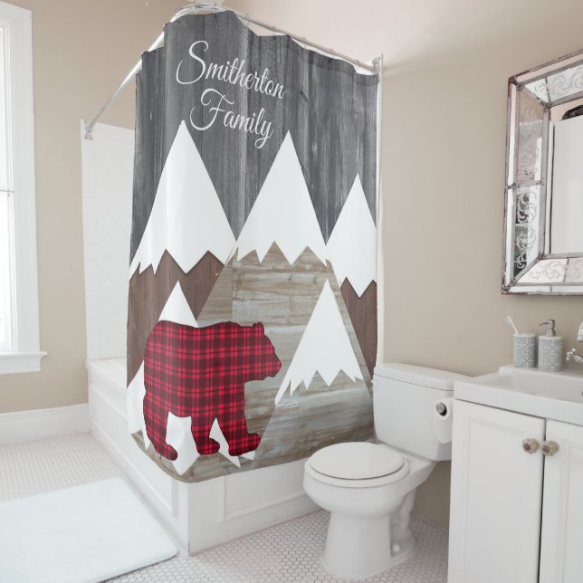 Rustic Snowy Mountain Red Black Buffalo Check Bear Shower Curtain (In Situ)