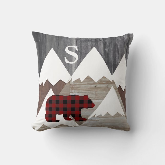 Rustic Snowy Mountains Buffalo Check Bear Monogram Cushion (Front)