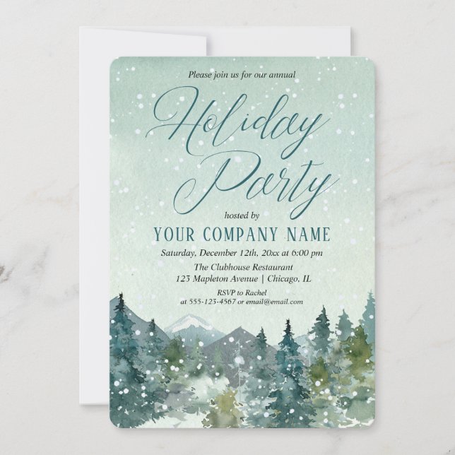 Rustic snowy mountains company holiday party invitation (Front)