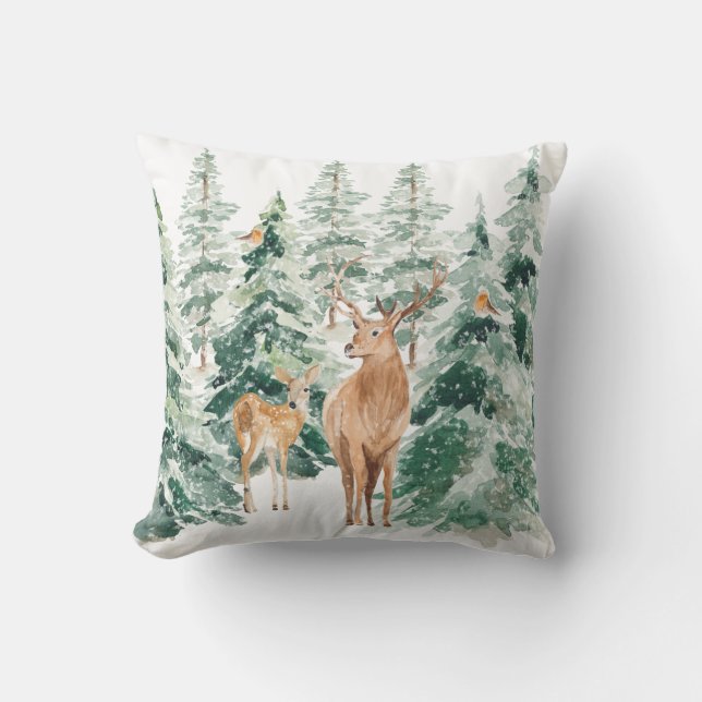 Rustic Snowy Winter Woodland Deer Throw Pillow (Front)