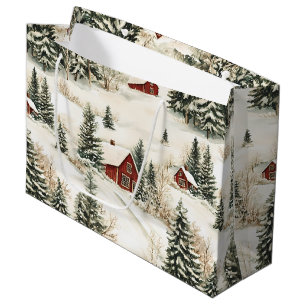 Rustic Snowy Woodland Village Red White Christmas Large Gift Bag