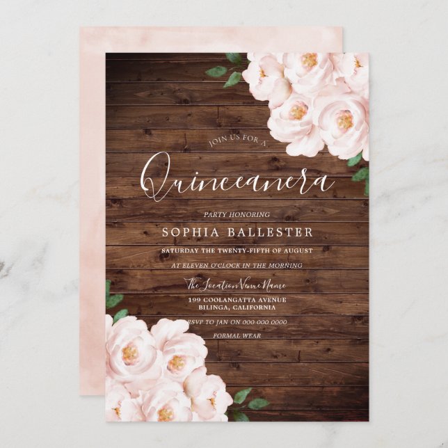 Rustic Soft Blush Pink Flowers Quinceanera Invitation (Front/Back)