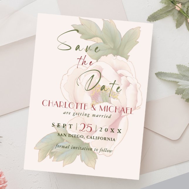 Rustic Soft Pink Peony Wedding Save the Date (Creator Uploaded)