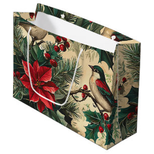 Rustic Songbird Poinsettia Winter Cream Botanical Large Gift Bag