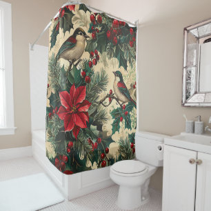 Rustic Songbird Poinsettia Winter Cream Botanical Shower Curtain