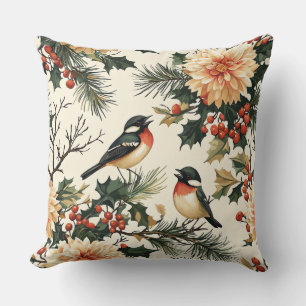 Rustic Songbird Winter Cream Red Botanical Cushion