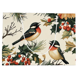 Rustic Songbird Winter Cream Red Botanical Large Gift Bag