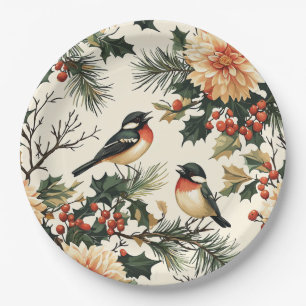 Rustic Songbird Winter Cream Red Botanical Paper Plate