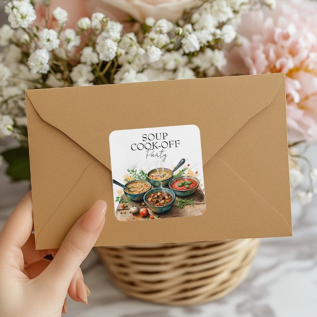 Rustic Soup Cook-Off Potluck Party Watercolor Square Sticker (Creator Uploaded)