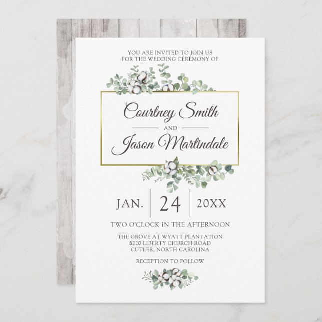 Rustic Southern Cotton Boll Botanical Wedding Invitation (Front/Back)