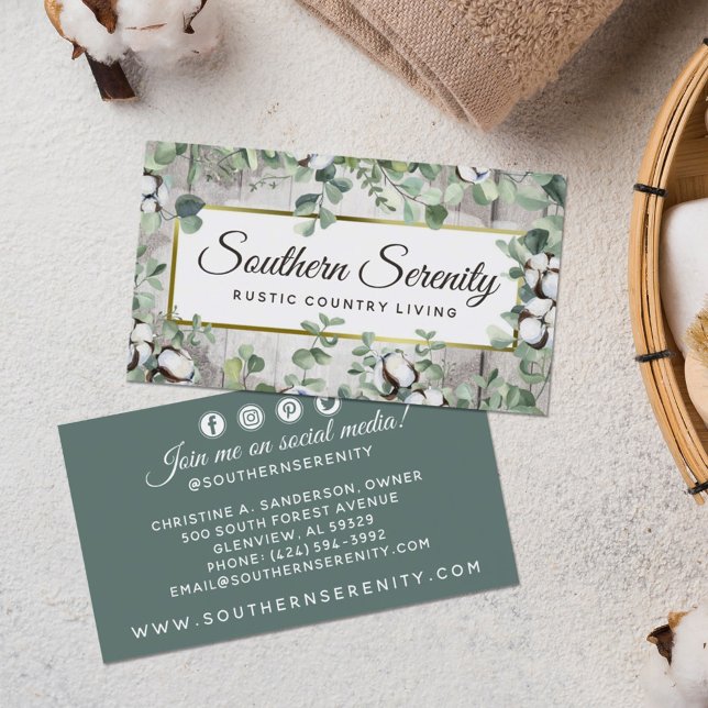 Rustic Southern Cotton & Botanical Social Media Business Card (Creator Uploaded)