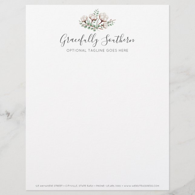 Rustic Southern Cotton Flowers Green Foliage Logo Personalized Letterhead (Front)
