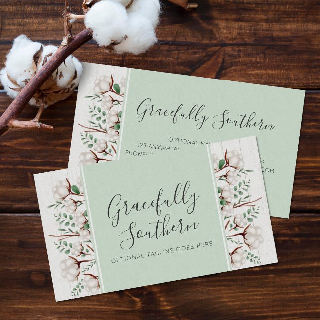 Rustic Southern Cotton Flowers on White Barn Wood Business Card (Creator Uploaded)