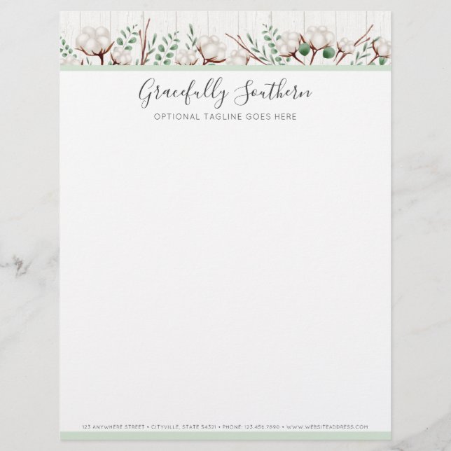 Rustic Southern Cotton Flowers on White Barn Wood Customised Letterhead (Front)