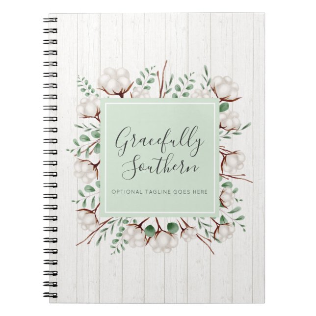Rustic Southern Cotton Flowers on White Barn Wood Spiral Notebook (Front)