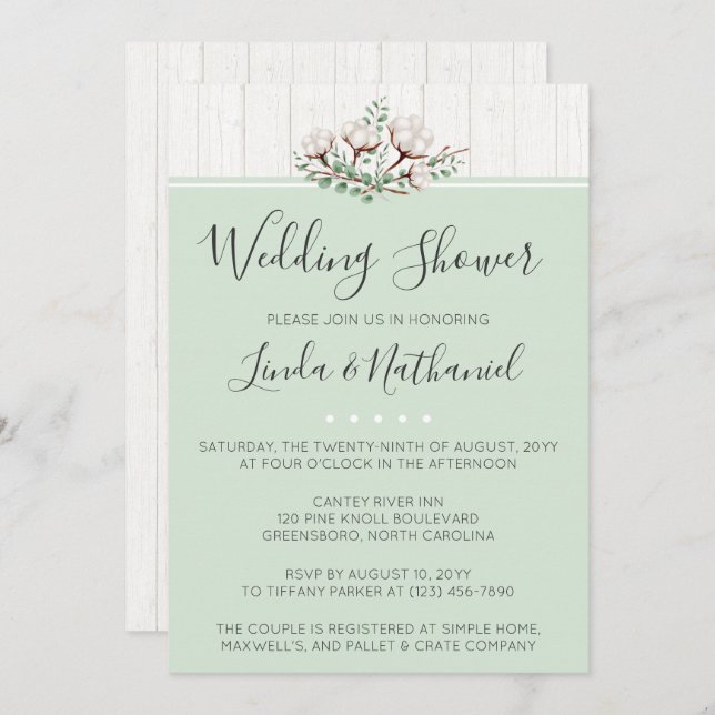 Rustic Southern Cotton Wedding Shower Invitation (Front/Back)
