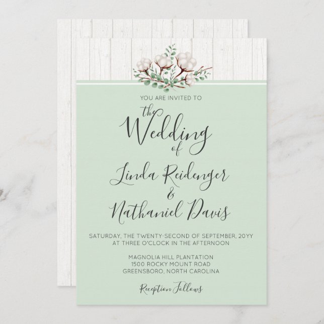 Rustic Southern Cotton & Wood Wedding Invitation (Front/Back)