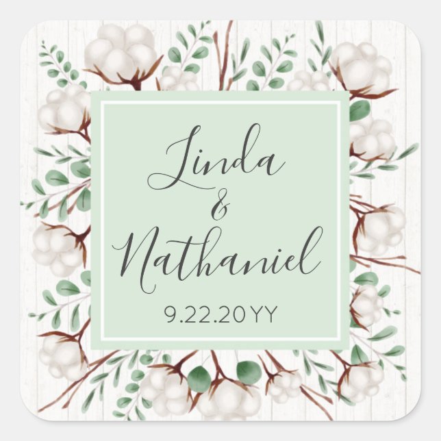 Rustic Southern Cotton & Wood Wedding Names / Date Square Sticker (Front)