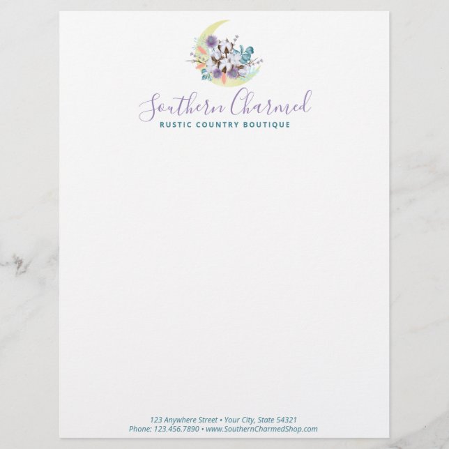 Rustic Southern Country Cotton Floral Moon Logo Custom Letterhead (Front)
