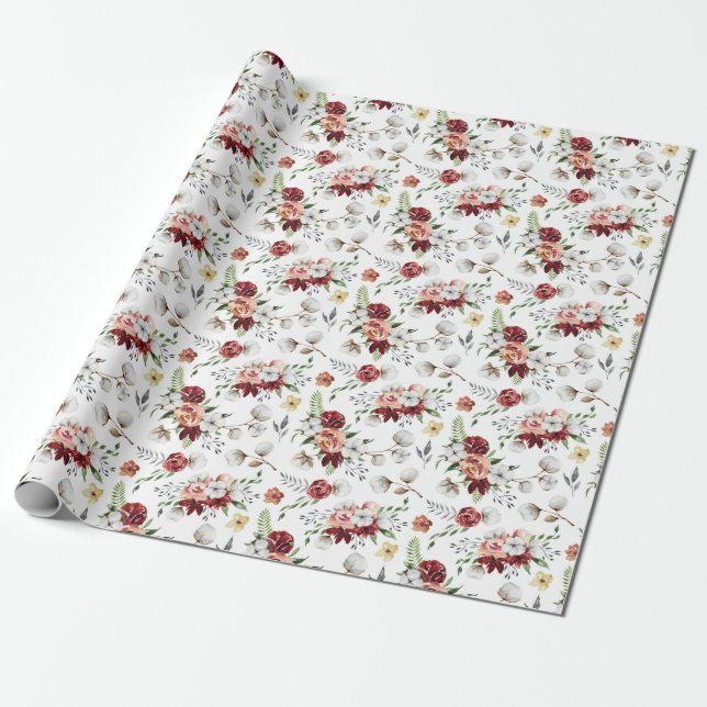 Rustic Southern Watercolor Floral & Cotton Pattern Wrapping Paper (Unrolled)