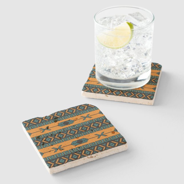 Rustic Southwest Tribal Aztec Pattern Travertine Stone Coaster (Side)