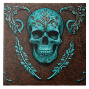Rustic Southwestern Brown Teal Sugar Skull Tile