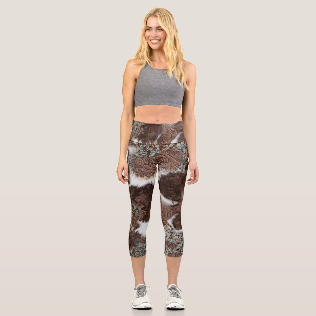 Rustic Southwestern Cowhide Brown Leather Pattern Capri Leggings (Front)