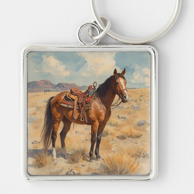 Rustic Southwestern Horse Desert Scene Key Ring (Front)