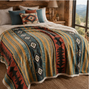 Rustic Southwestern Teal Terracotta Navy Geometric Sherpa Blanket