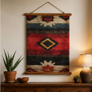 Rustic Southwestern Woven Red, Black & Turquoise Hanging Tapestry