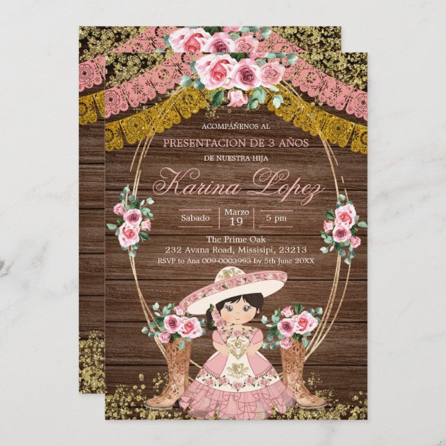 Rustic Spanish Pink Boot Charra Tres Anos Invitation (Front/Back)