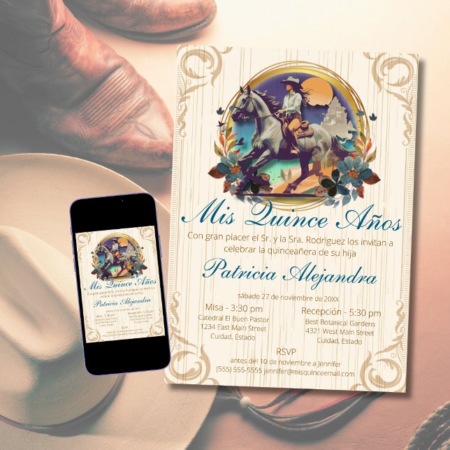 Rustic Spanish Quinceañera Mis Quince Blue Western Invitation (Creator Uploaded)