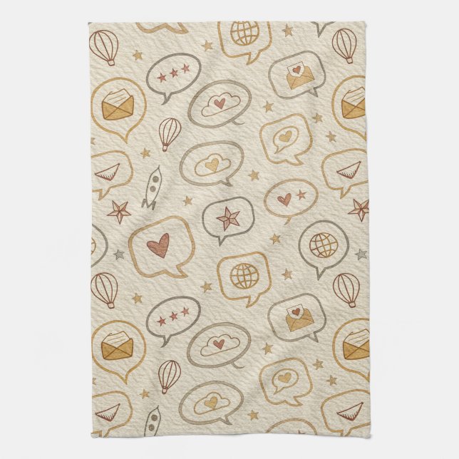 Rustic Speech Bubbles & Hearts Seamless Pattern Tea Towel (Vertical)