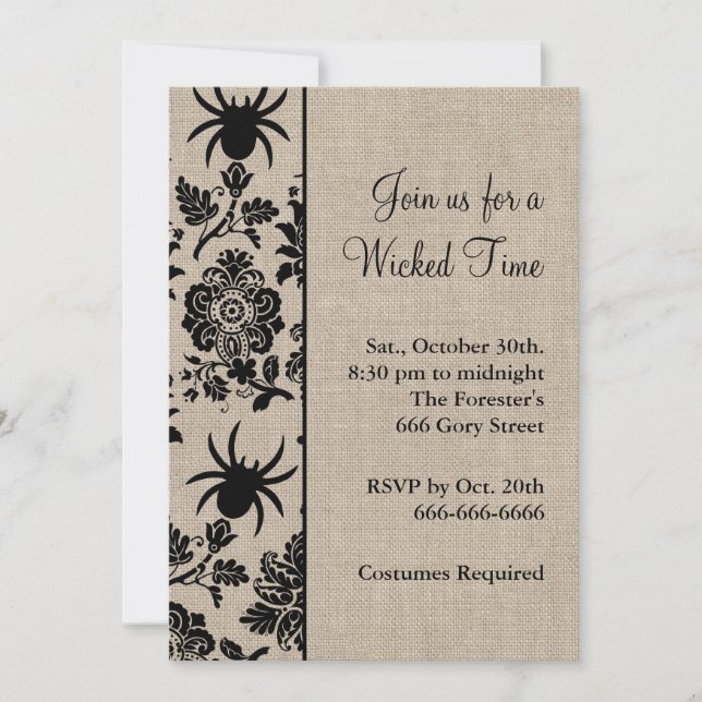 Rustic Spider Damask Halloween Invitation (Front)