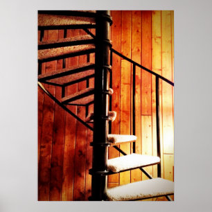Rustic Spiral Staircase at Mountain Lodge Cabin Poster