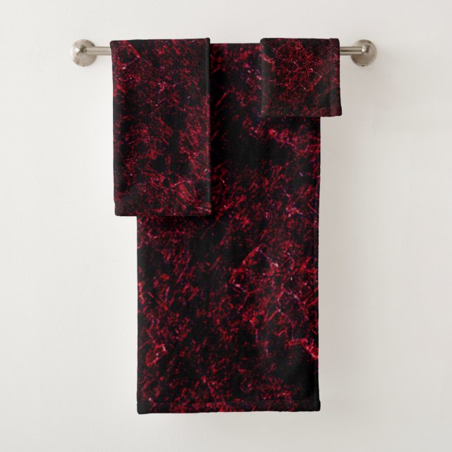 Rustic spongy red upon dark red background bath towel set (Insitu)