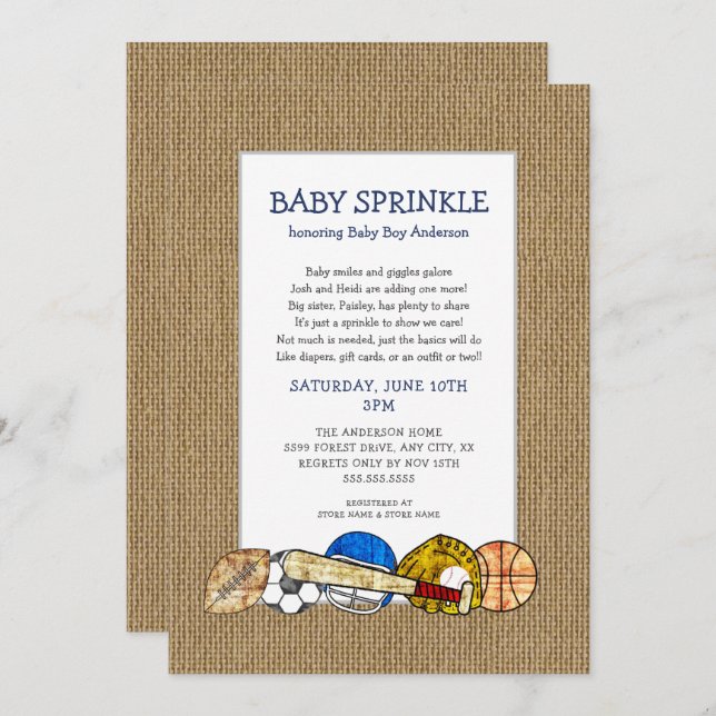 Rustic Sports BOY baby sprinkle with cute poem Invitation (Front/Back)