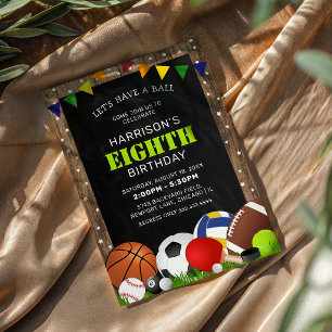 Rustic Sports Themed Kids Birthday Party Invitation