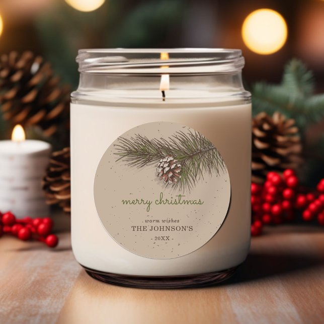 Rustic Sprig Pine Merry Christmas Classic Round Sticker (Rustic Sprig Pine Merry Christmas Classic Round Sticker)