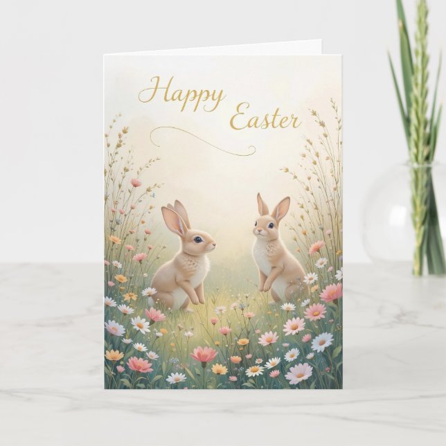Rustic Spring Bunnies Happy Easter  Holiday Card (Front)