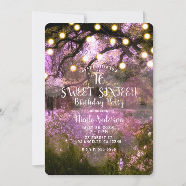 Rustic Spring Enchanted Forest Lights Sweet 16 Invitation (Front)