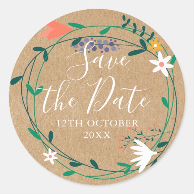 Rustic Spring Floral Garland Save the Date Classic Round Sticker (Front)