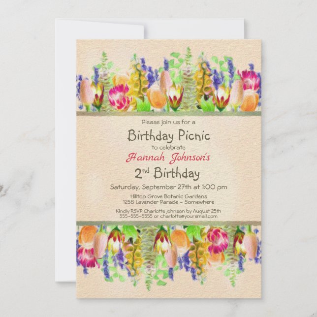 Rustic Spring Flowers 2nd Birthday Picnic Party Invitation (Front)