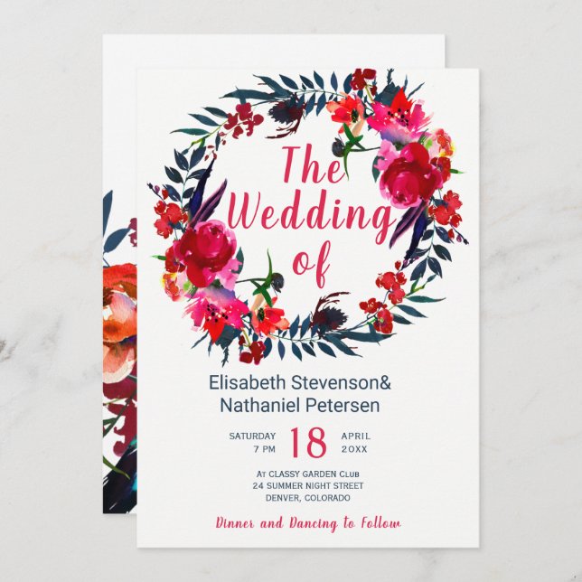 Rustic spring navy red boho floral wreath wedding invitation (Front/Back)