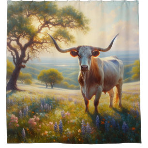 Rustic, spring Texas longhorn in a field Shower Curtain