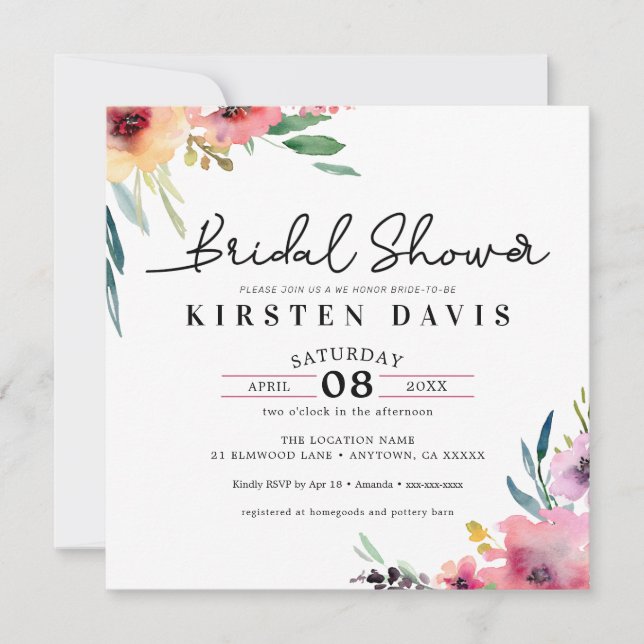 Rustic Spring Watercolor Floral Bridal Shower Invitation (Front)