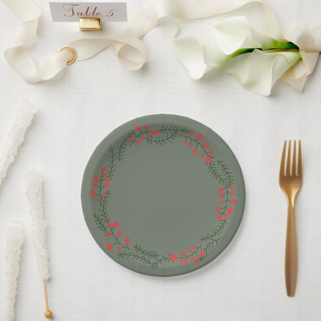 Rustic spruce green berries wreath border holiday paper plate (Wedding)