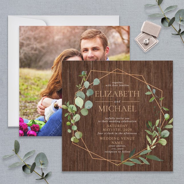 Rustic Square Copper Geometric Eucalyptus Photo Invitation (Creator Uploaded)
